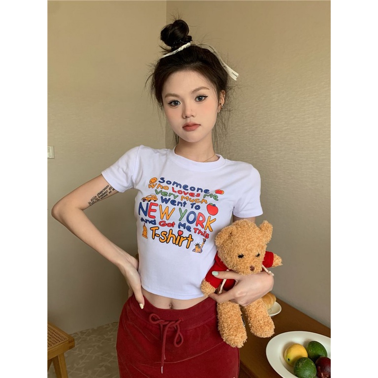 Áo baby tee Thun croptop Cotton Ngắn Tay Cổ Tròn In Họa Tiết Vui Nhộn Thời Trang Mùa Hè Cho Nữ