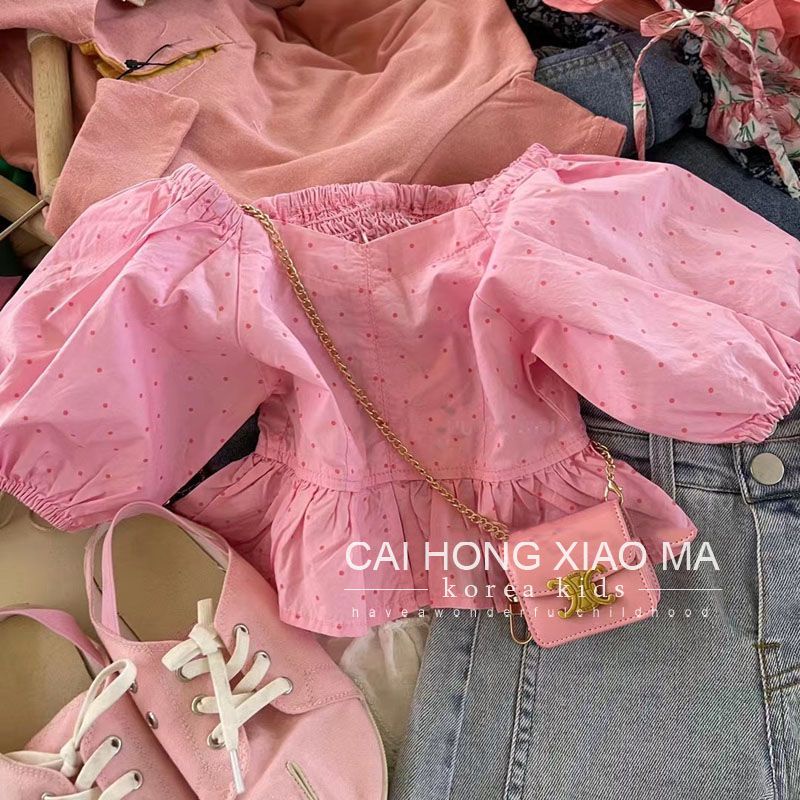 Set Áo Sơ Mi Tay Ngắn Phồng + Quần short denim Thời Trang Hè Hàn Quốc Mới 2023 Cho Bé Gái