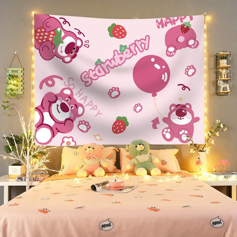 Thảm Vải Treo Tường Họa Tiết Gấu Hoạt Hình Và Dâu Tây Trang Trí Phòng Ngủ