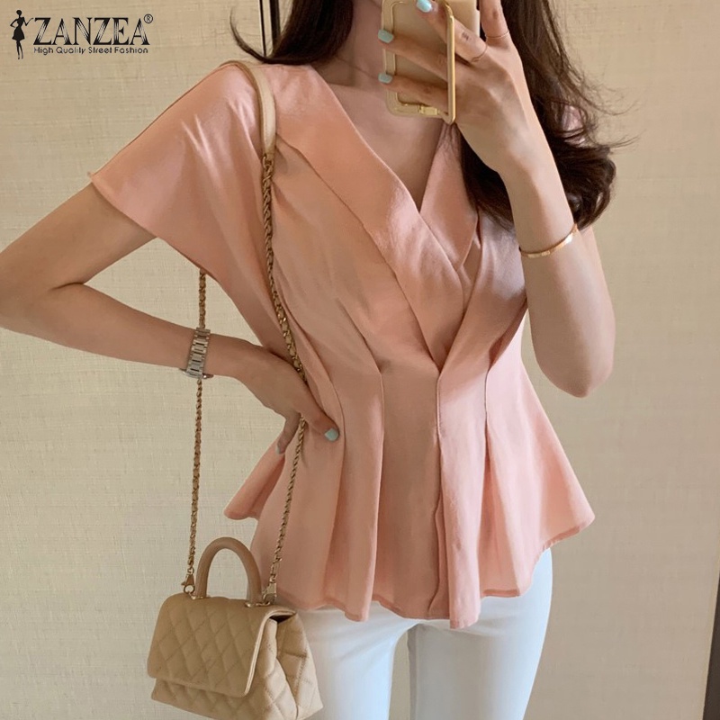 Zanzea Áo Kiểu Tay Ngắn Cổ Chữ V Xếp Ly Lưng Phối Khóa Kéo Thời Trang Công Sở Thanh Lịch Cho Nữ