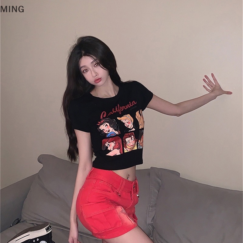 Áo Thun Croptop Tay Ngắn Cổ Tròn In Họa Tiết Hoạt Hình Thời Trang Mùa Hè Cho Nữ