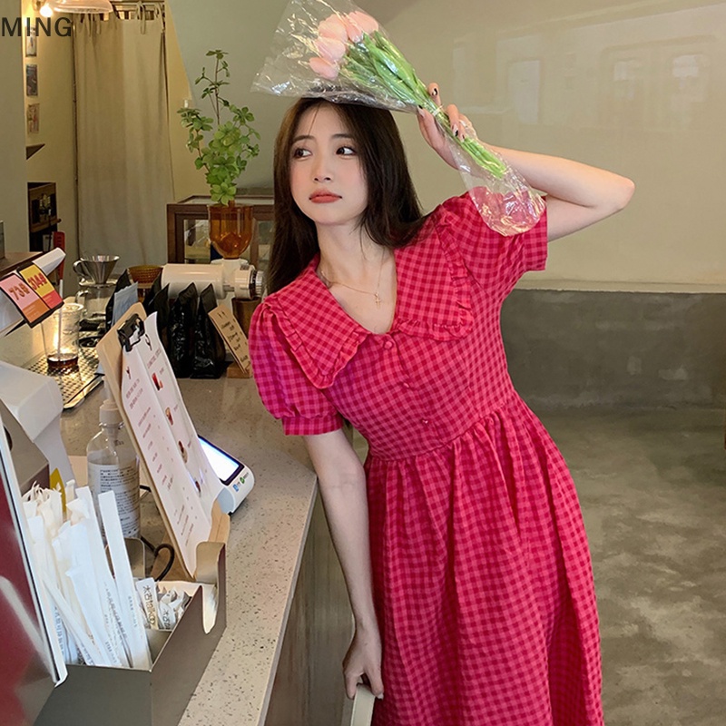 Đầm Dáng Chữ A Xếp Ly Họa Tiết Caro Ngọt Ngào Thời Trang Đường Phố Cho Nữ