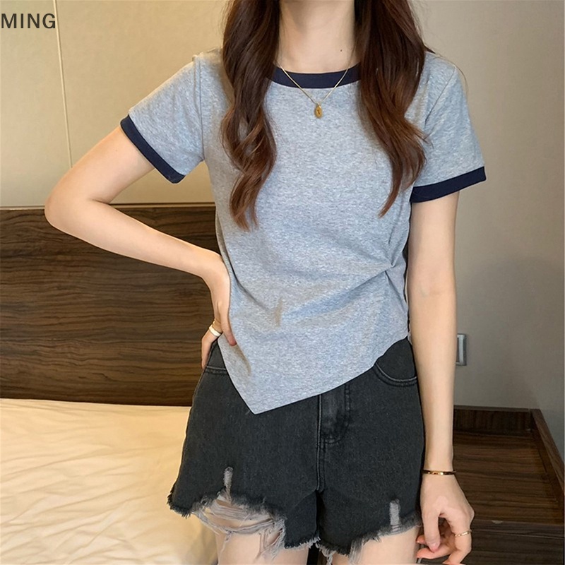 Áo Thun Tay Ngắn Cổ Tròn Màu Sắc Tương Phản Thời Trang Mùa Hè Cho Nữ