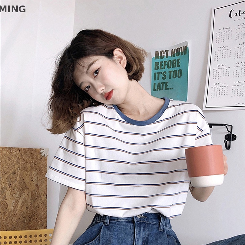 Áo Thun Nữ Ngắn Tay Cổ Tròn Sọc Ngang Thời Trang