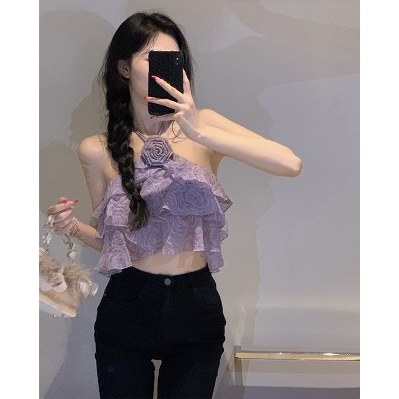 Áo Hai Dây Mùa Hè Dáng Ngắn Hở Rốn Có Diềm Xếp Nếp Thiết Kế Spicy Phong Cách Ngọt Ngào Hợp Thời