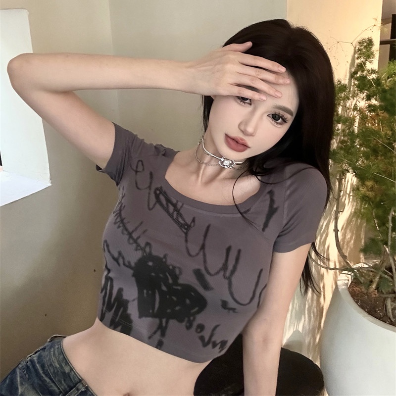 Áo Thun Lửng Ngắn Tay In Họa Tiết Graffiti Thời Trang Dành Cho Nữ