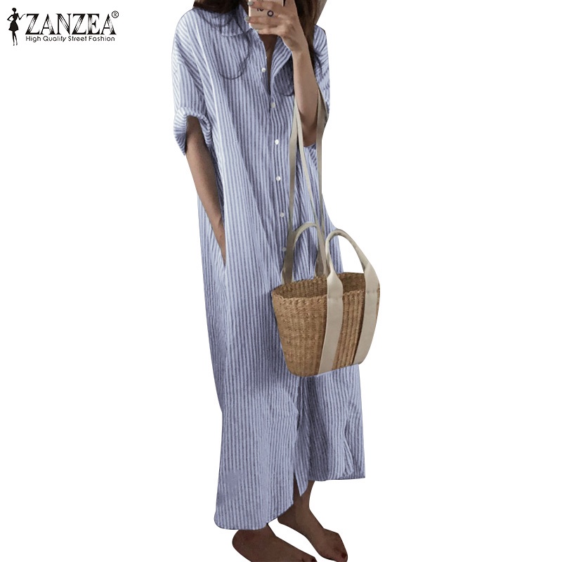 ZANZEA Đầm Sơ Mi Tay Lửng Cổ Chữ V Họa Tiết Kẻ Sọc Thời Trang Phong Cách Hàn Quốc Cho Nữ