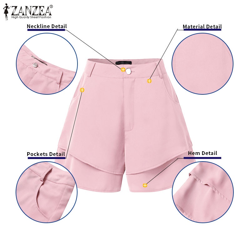 ZANZEA Quần Short Ống Rộng Lưng Cao Phối Túi Thời Trang Đường Phố Cho Nữ