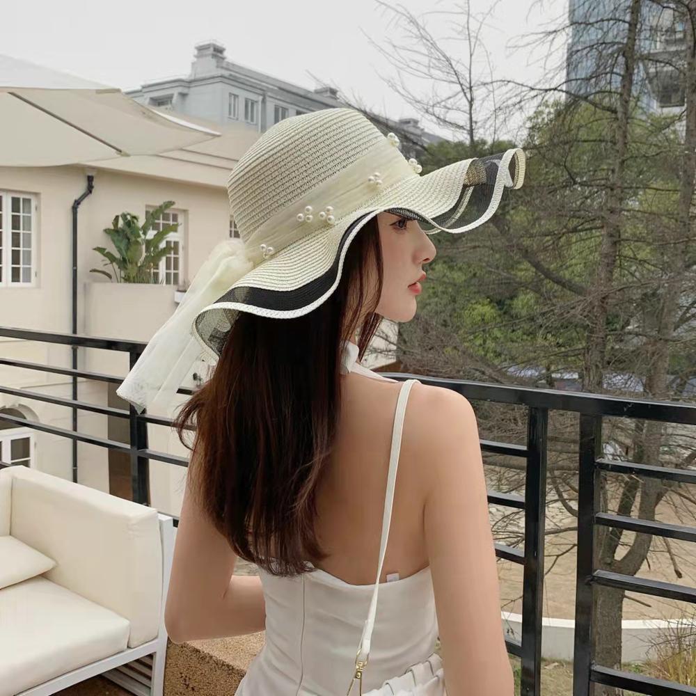 Mũ Cói Rộng Vành Phối Ruy Băng Thắt Nơ Phong Cách Hàn Quốc Thời Trang Đi Biển Kỳ Nghỉ Ins Cho Nữ