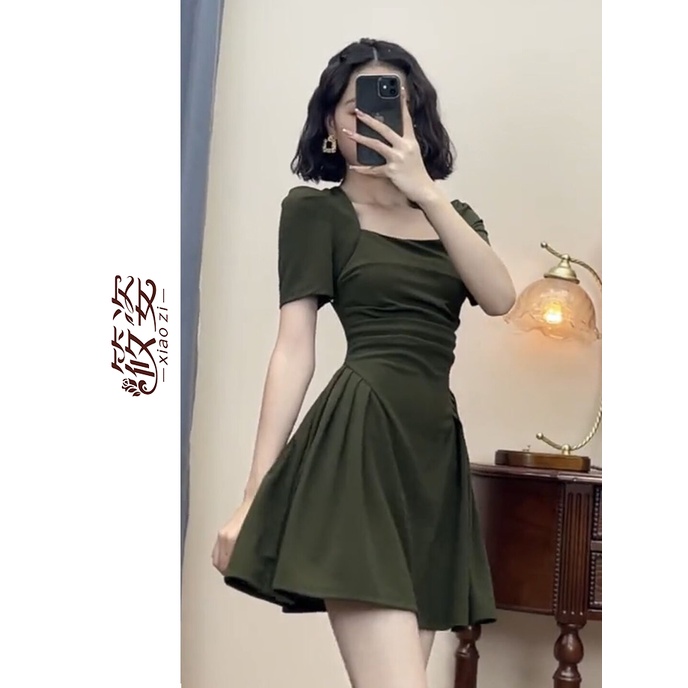 Đầm Đen Tay Ngắn Cổ Vuông Thời Trang Mùa Hè Cho Nữ