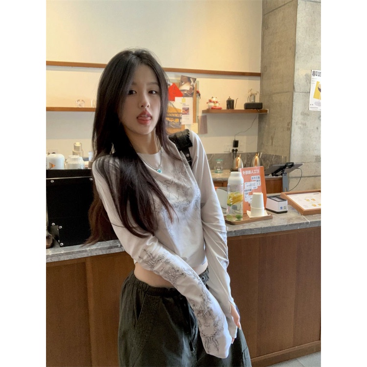 Áo baby tee Thun croptop Tay Dài Dáng Ôm In Họa Tiết Phong Cách Cổ Điển Thời Trang Mùa Thu Mới Cho Nữ