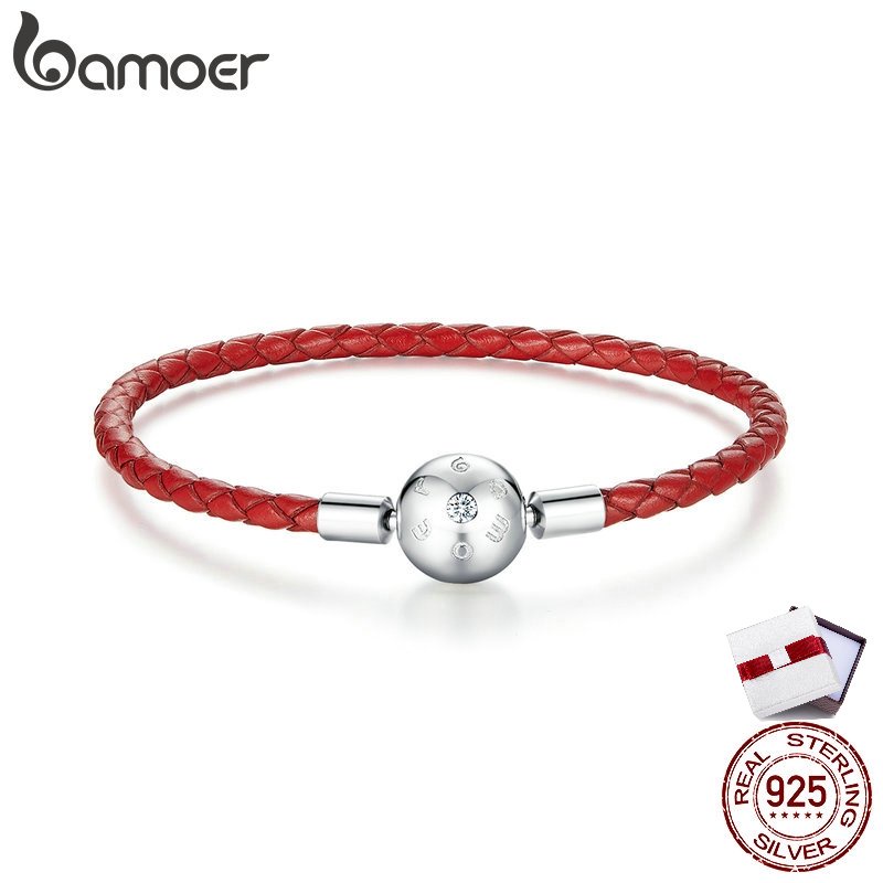 Vòng tay dây da bện đỏ Bamoer BSB042 mặt hình quả cầu tròn