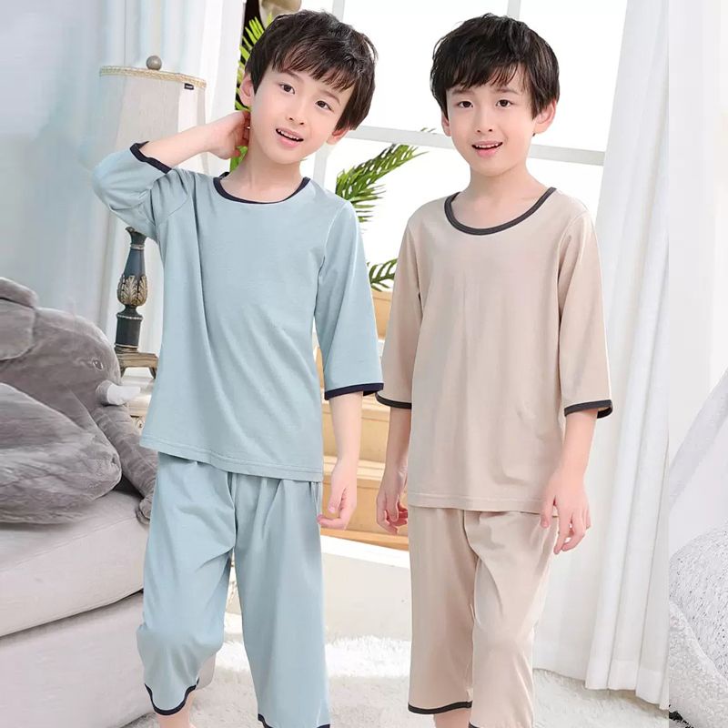 Bộ Đồ Ngủ Mặc Nhà Vải Lụa Lạnh Mỏng Tay Ngắn Dành Cho Bé Trai 5-6 - 7-8 - 9-10 - 11-12 - 13-14 Tuổi