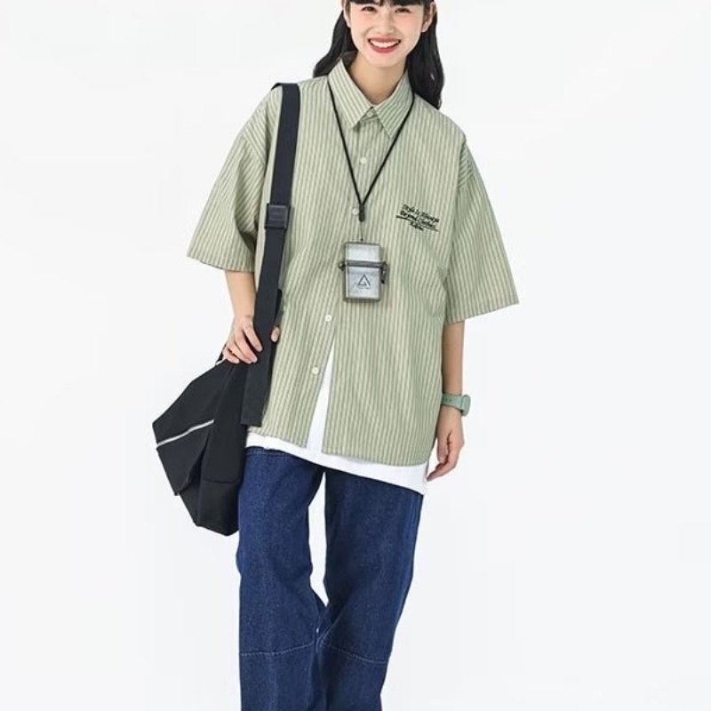 Áo Sơ Mi Ngắn Tay Dáng Rộng Thêu Họa Tiết Kiểu Retro Nhật Bản Thời Trang Mùa Hè Cho Nam Và Nữ