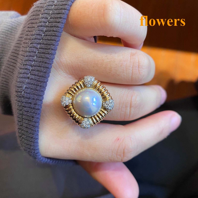 Nhẫn Mạ Vàng Khắc Họa Tiết Ý Đính Ngọc Trai Nhân Tạo Thời Trang