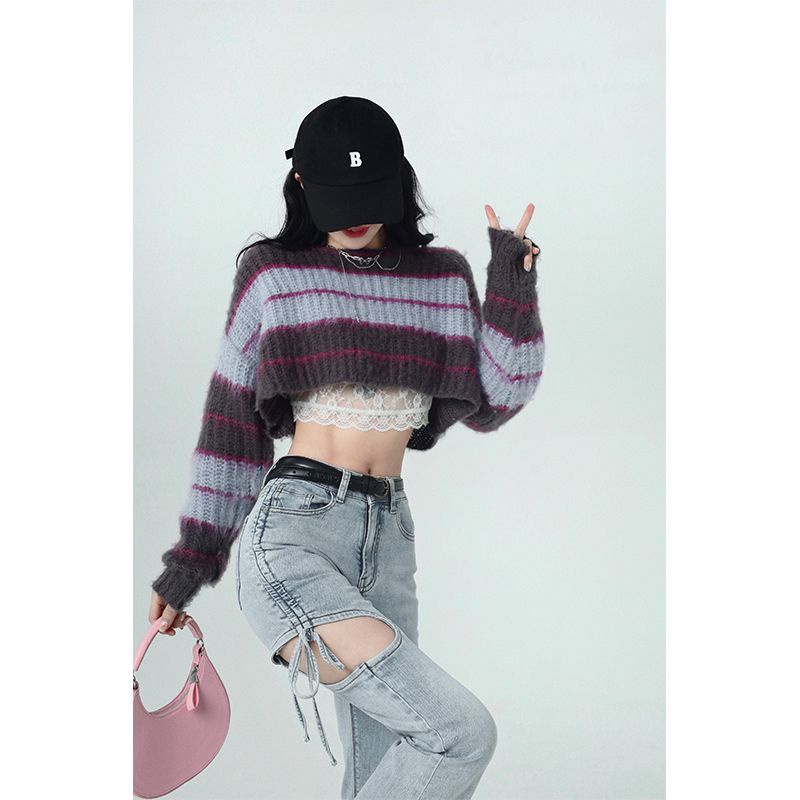 Áo Sweater Dệt Kim Dáng Rộng Ngắn Kẻ Sọc Thời Trang Mùa Thu 2022 Cho Nữ
