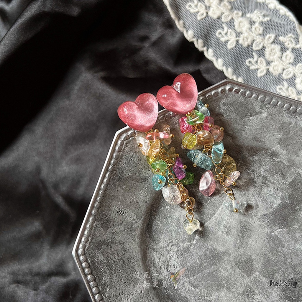 Hoa Tai Dáng Dài Mặt Hình Trái Tim Phối Tua Rua Cho Nữ