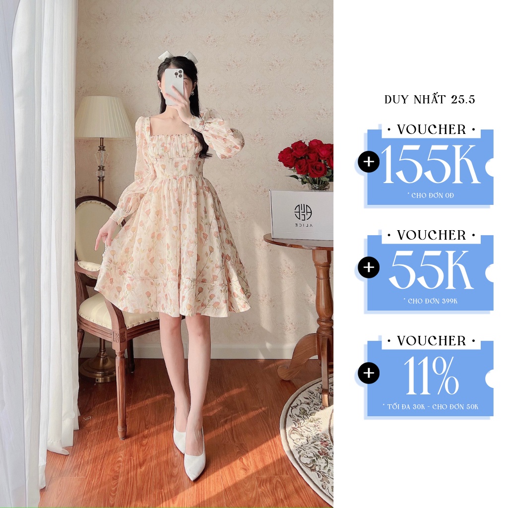 Váy Tiểu Thư Cổ Vuông Nhún Ngực Đính Đá Lưng Chun ALICE Chất Tơ Óng Lót Lụa Mềm Mịn Phong Cách Sang Chảnh Tiểu Thư V1072