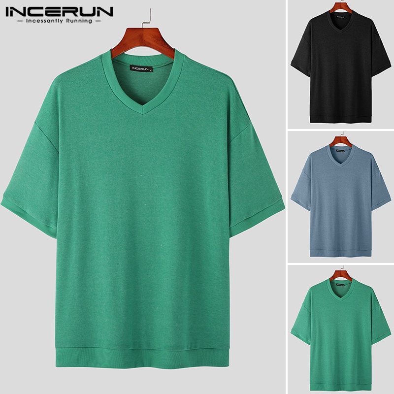 INCERUN Áo Thun Tay Ngắn Cổ Chữ V Màu Trơn Thời Trang Trẻ Trung Cho Nam