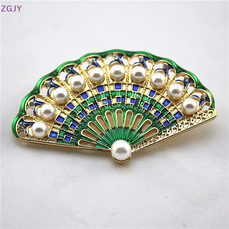 Trâm Cài Áo Hình Quạt Tráng Men Đính Đá Và Ngọc Trai Phong Cách Vintage Thời Trang Mới