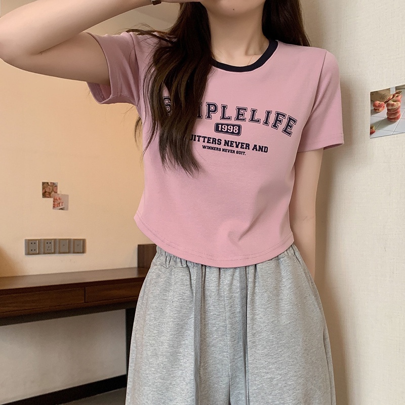 IELGY Áo Thun cotton Ngắn Tay In Chữ Màu Sắc Thời Trang Cho Nữ