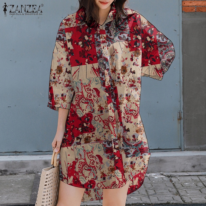Đầm ZANZEA cotton tay phồng in họa tiết thời trang Hàn Quốc cho nữ