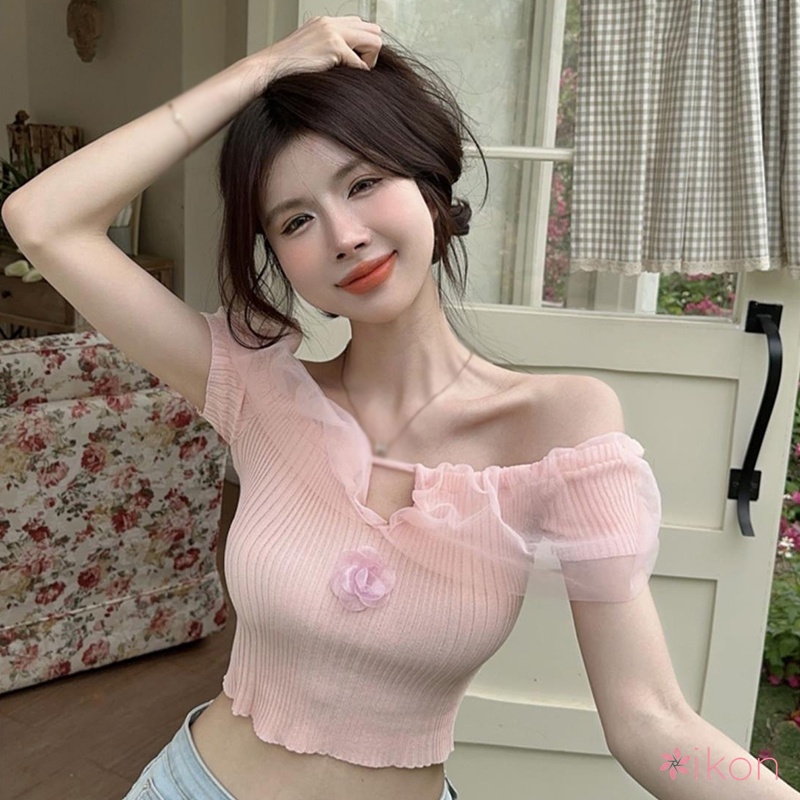 Áo Thun Croptop Dệt Kim Màu Trơn Hở Vai Phong Cách Hàn Quốc Cho Nữ