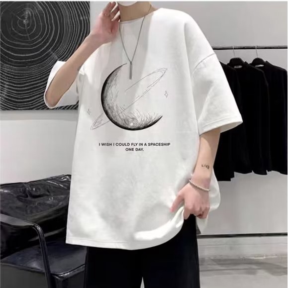 Áo Thun Tay Ngắn Dáng Rộng In Hình Mặt Trăng Phong Cách Đường Phố Hồng Kông Thời Trang Cho Nam
