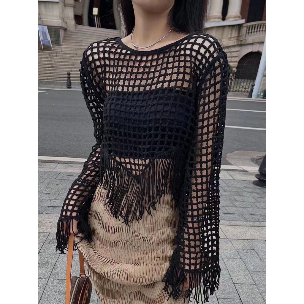 Áo lưới ô vuông đan móc vạt yếm tua rua đi chơi đi biển MS1170
