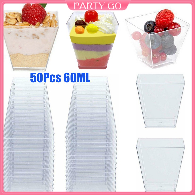 Bộ 50 Cốc Nhựa Vuông 60ml 5 * 4.5cm Làm Món Tráng Miệng / Pudding Có Thể Tái Sử Dụng