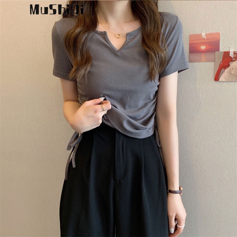 Áo Thun Tay Ngắn Cổ Chữ V Màu Trơn Thiết Kế Dây Rút Thời Trang Mới Cho Nữ