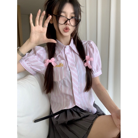 Áo Sơ Mi Tay Ngắn Cổ Polo Họa Tiết Sọc Thêu Xẻ Tà Thời Trang Mùa Hè Mới Cho Nữ