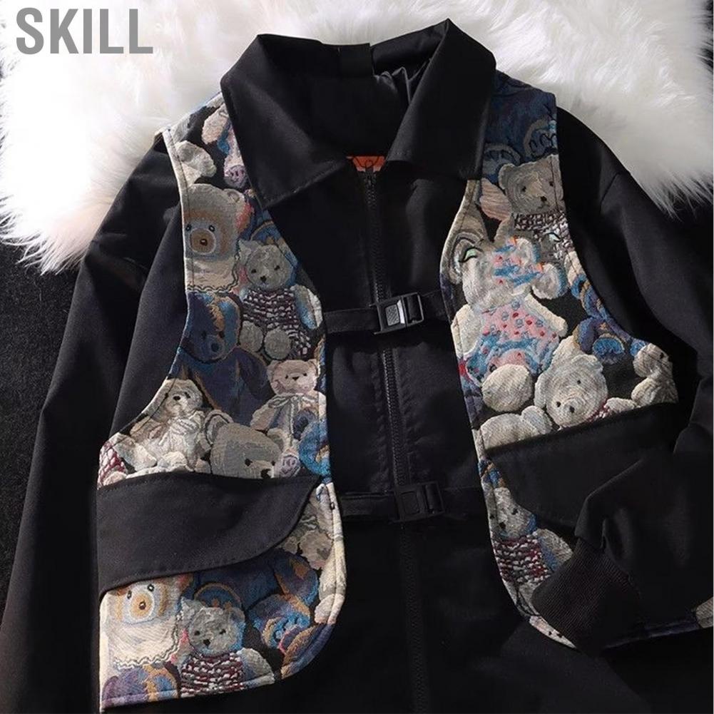 Skill Unisex Jacket  Zipper Buckle Closure Thick Fabric Bear Pattern Turn Down Collar Casual Skin Friendly for Daily Wear