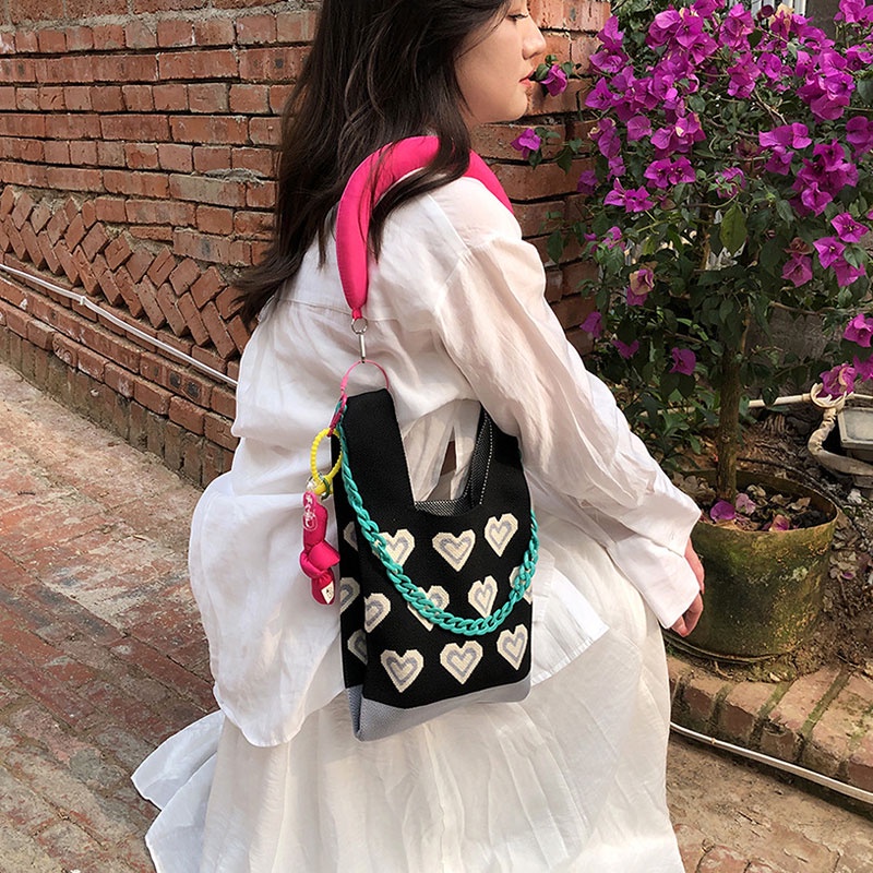 Túi Xách Đan Len Hình Trái Tim Thời Trang Xuân Hè Phong Cách Hàn Quốc Mới