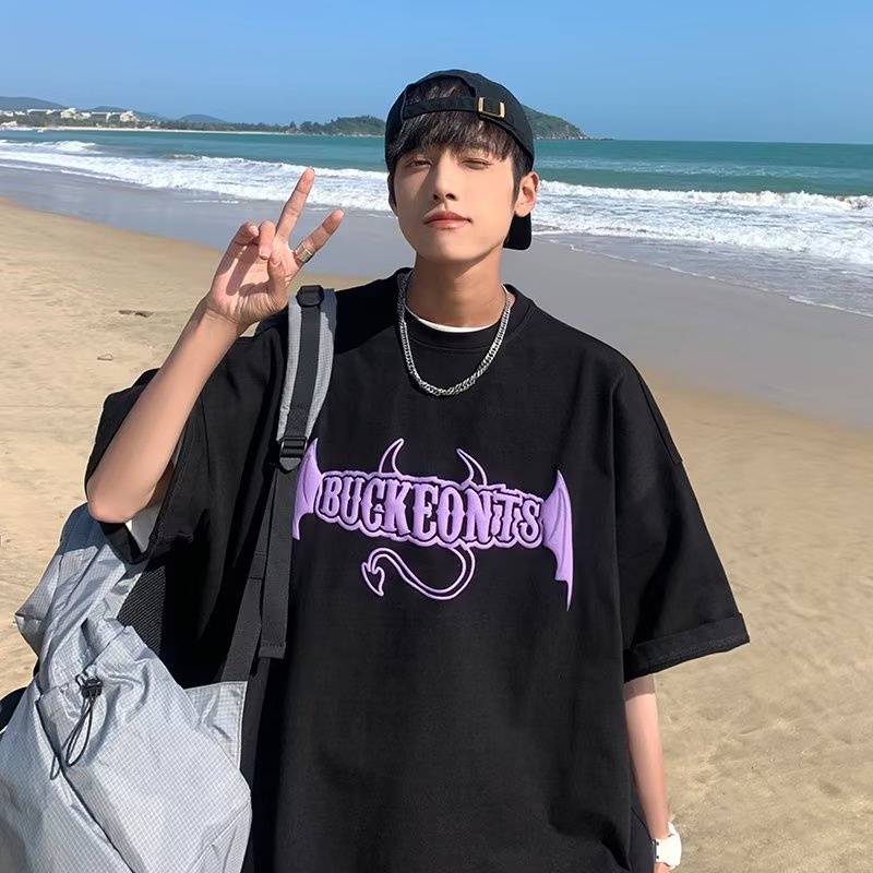 Áo Thun Tay Ngắn Dáng Rộng In Hình Cánh Quỷ Thời Trang Mùa Hè Cho Nam