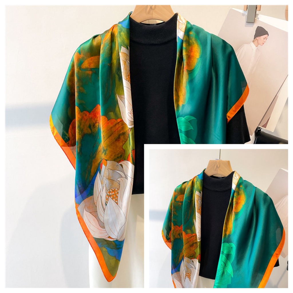 Khăn Choàng Cổ Hình Vuông 90 * 90CM Bằng Lụa In Họa Tiết Hoa Sen Thời Trang Thu Đông Cho Nữ