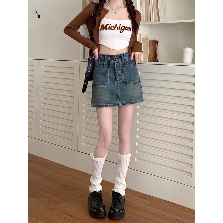 Y2k Chân Váy Jean Jeans Ngắn Chữ a Màu Trơn Phong Cách Desire Năm Mới Phổ Biến Cho Nữ Dễ Phối Đồ