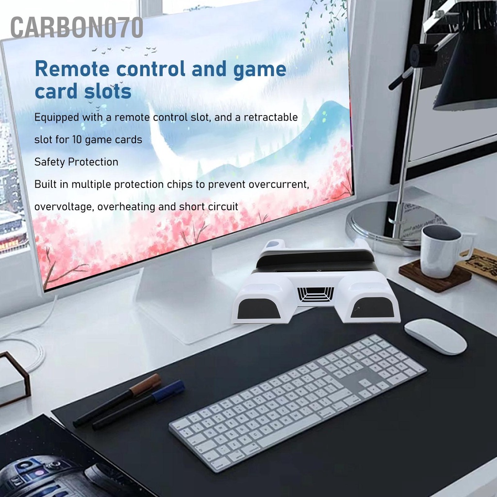 Carbon070 Đế Sạc Kép 3 Cấp Độ Có Thể Điều Chỉnh Tốc Quạt Tích Hợp 10 Khe Cắm Thẻ Game Làm Mát Đèn LED Cho PS5