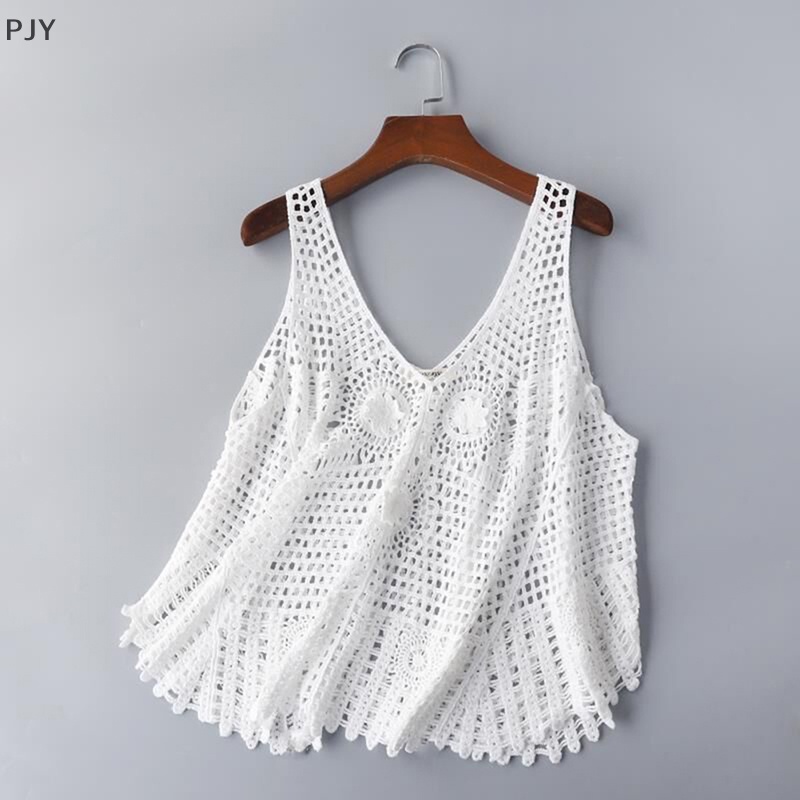 Áo Dệt Kim Sát Nách Dáng Rộng Thêu Họa Tiết Rỗng Thời Trang Mùa Hè Cho Nữ PJ