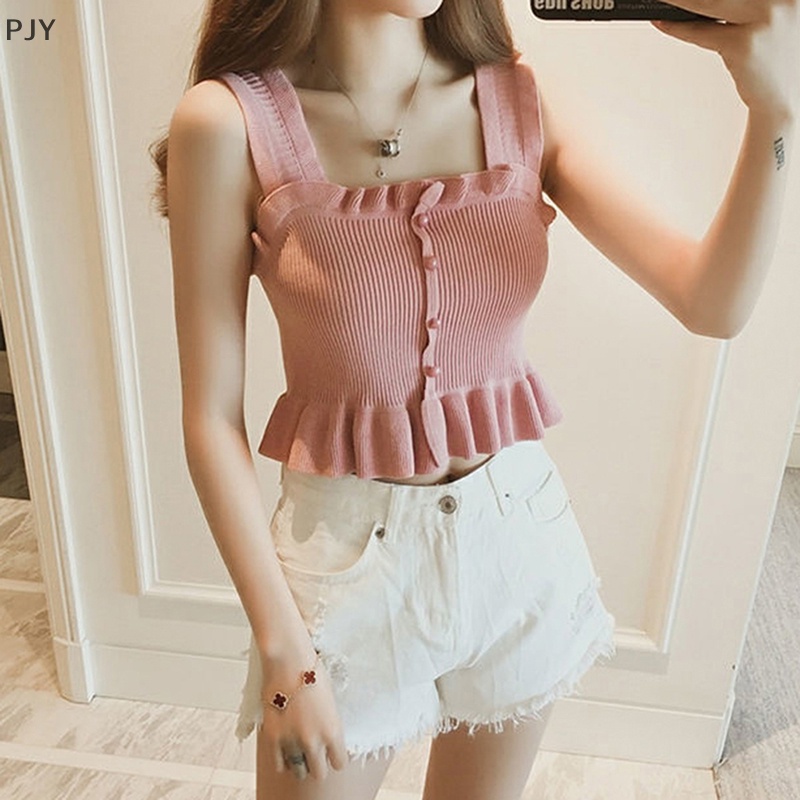 Áo Croptop Nhún Bèo Họa Tiết Kẻ Sọc Thời Trang Đường Phố PJY Y2K Y2K Cho Nữ