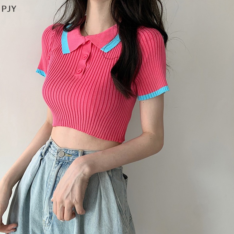 Áo Croptop Dệt Kim Tay Ngắn Màu Sắc Tương Phản Thời Trang Mùa Hè Cho Nữ
