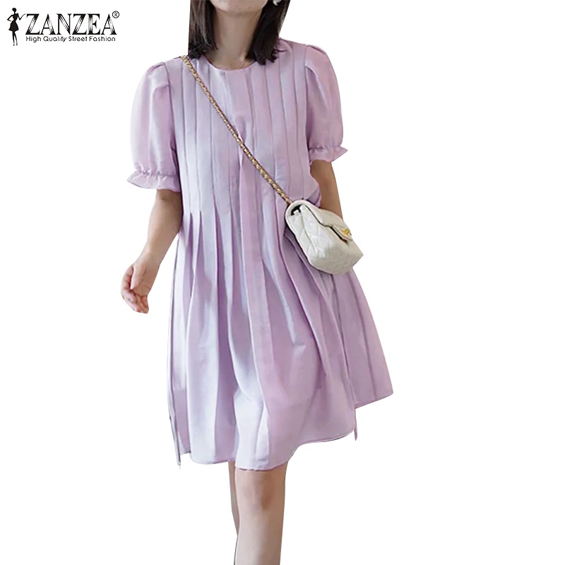 Đầm Chữ A Tay Ngắn Cổ Tròn Phong Cách Hàn Quốc Thời Trang Cho Nữ ZANZEA