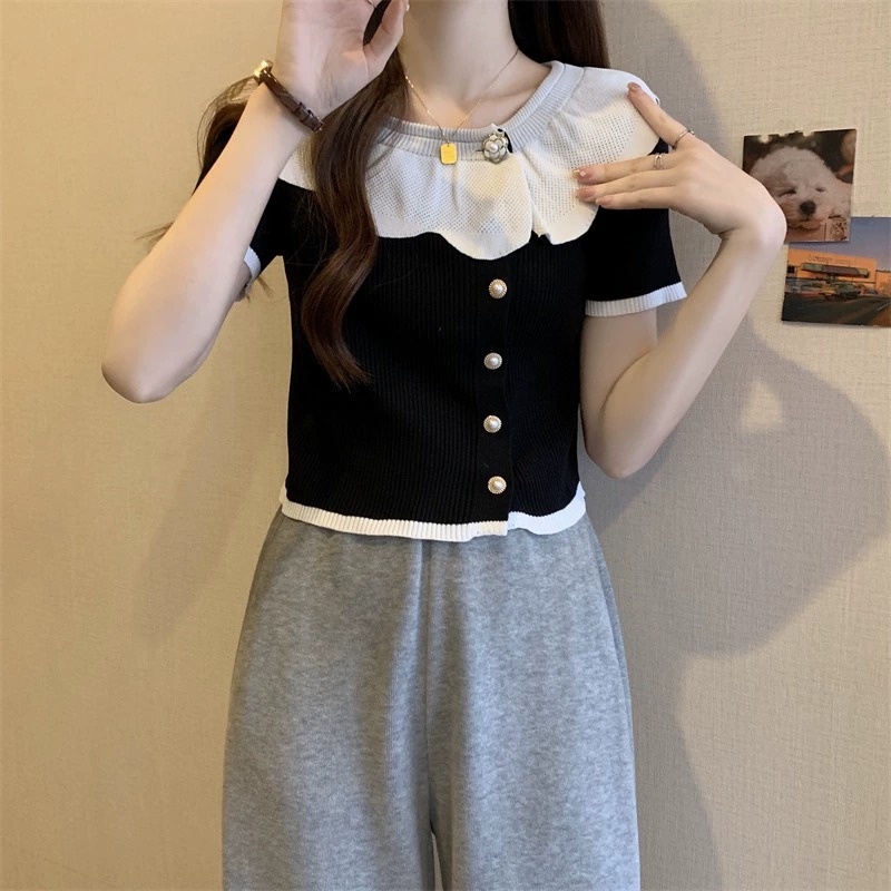 Áo Thun Dệt Kim Tay Ngắn Cổ Búp Bê Màu Sắc Tương Phản Thời Trang Mùa Hè Mới
