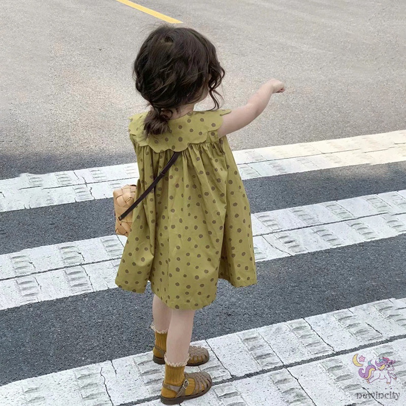 Đầm Công Chúa Cổ Cánh Hoa Họa Tiết Chấm Bi Dễ Thương Cho Bé Gái