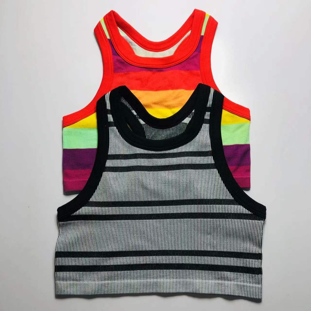 [F &amp; X] Áo Thun Thể Thao Không Tay Kẻ Sọc Cầu Vồng Nhiều Màu Sắc Thời Trang Xuân Thu Cho Nữ Niche