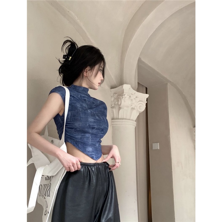 Áo Croptop Sát Nách Cổ Cao Dáng Ôm Nhuộm Màu Kiểu Retro Đường Phố Mùa Hè Cá Tính