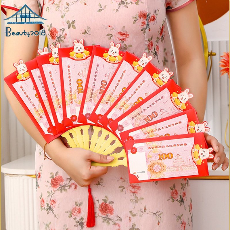 Phong Bao Lì Xì Hình Quạt Màu Đỏ May Mắn 6 / 10 Khe Hở Cho Năm Mới