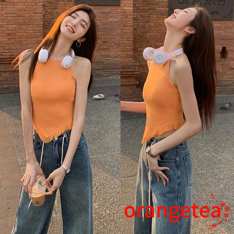 Áo Croptop Dệt Kim Không Tay Viền Tua Rua Hở Lưng Thời Trang Mùa Hè Cho Nữ