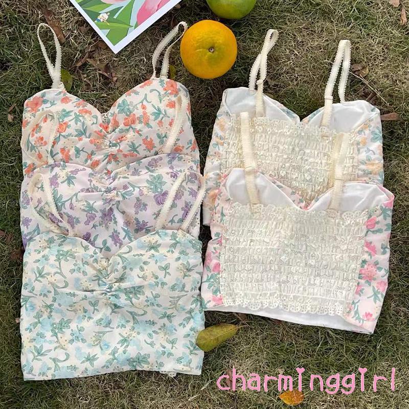 Áo Croptop Hai Dây Hở Lưng Họa Tiết Hoa Thời Trang Mùa Hè Cho Nữ