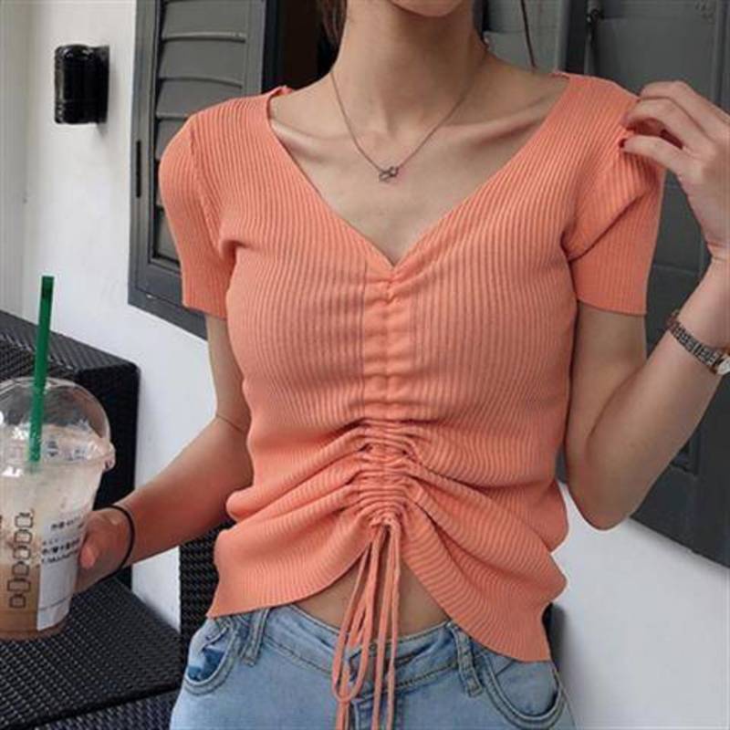 Áo Sweater Lụa Lạnh Tay Ngắn Cổ Chữ V Phối Dây Rút Phong Cách Thời Trang Hàn Quốc